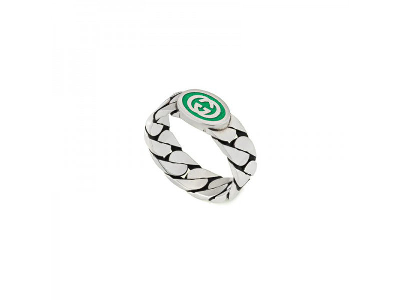Gucci Interlocking Gourmette Wide Ring in Silver with Green Enameled Double G YBC701612001