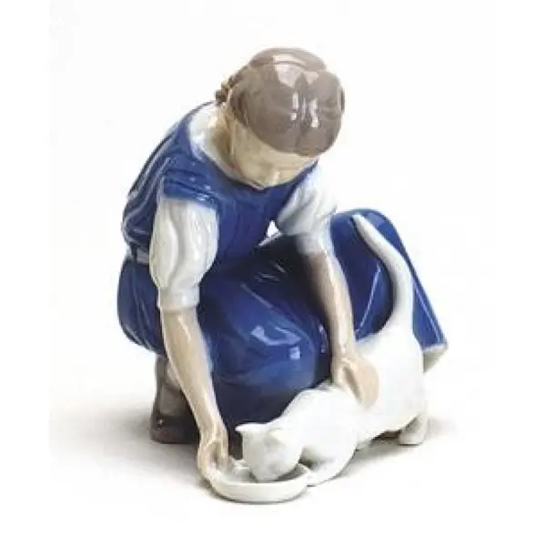 Royal Copenhagen 1021421 Only one drop Girl with drinking cat Porcellaine figurine and made and painted in enamel H. 15 cm