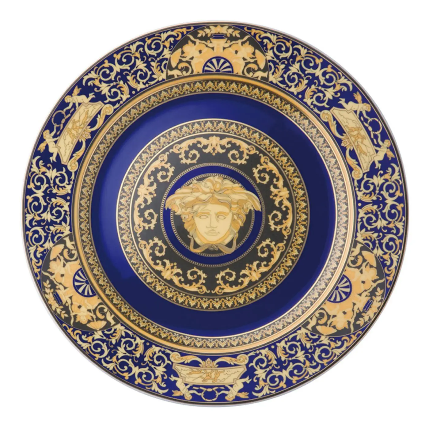 Piatto Porcellana Versace Rosenthal decoro Medusa blu rifinitura oro 19300-409620-20030