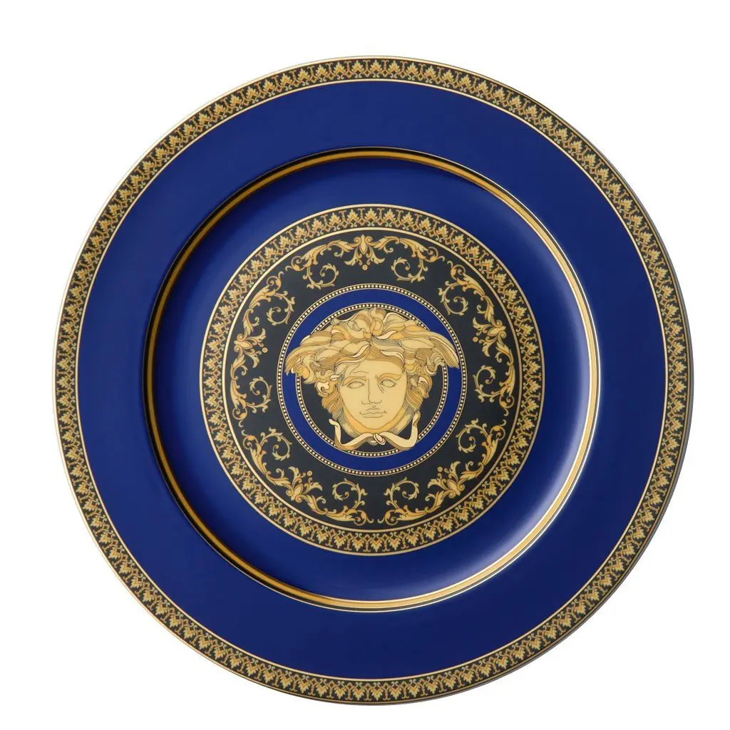 Piatto Porcellana Versace Rosenthal decoro Medusa blu rifinitura oro 19300-409620-10230